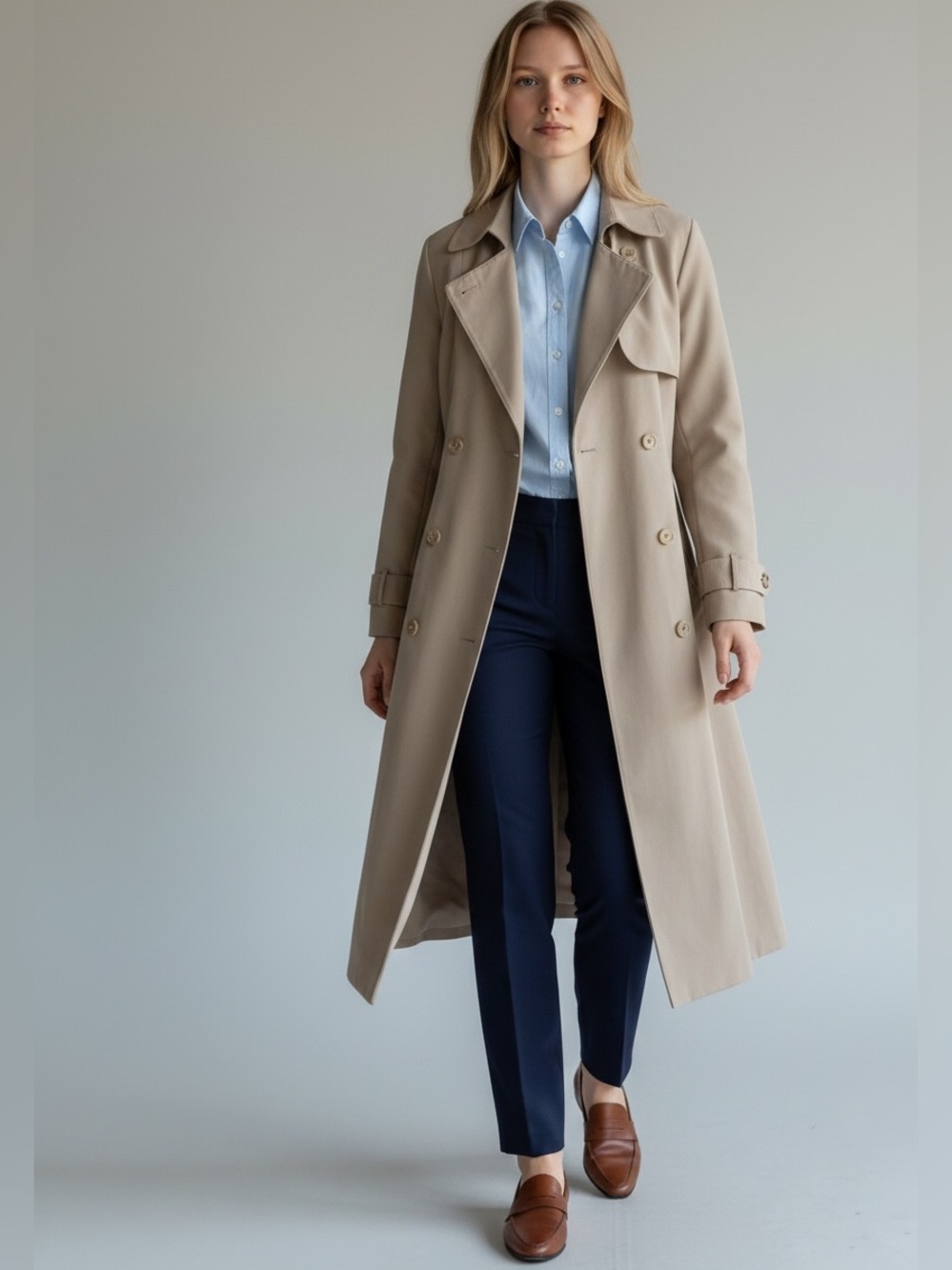 Jacqueline Ferrar Tan Double Breasted Trench Coat Belted 6 Petite Taupe